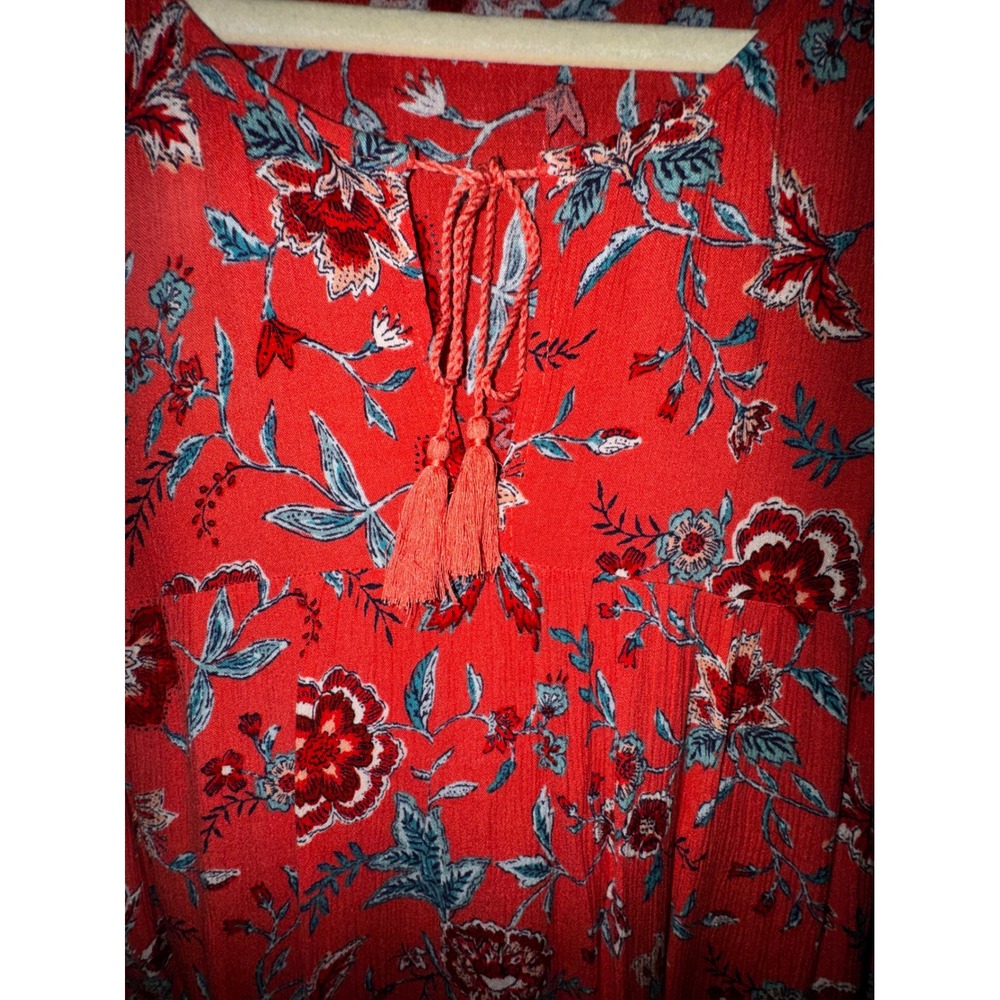 Red Floral Tassel‎ Tie Neck Short Sleeve Blouse Top Plus Size XXL Boho Hippie - Picture 6 of 6